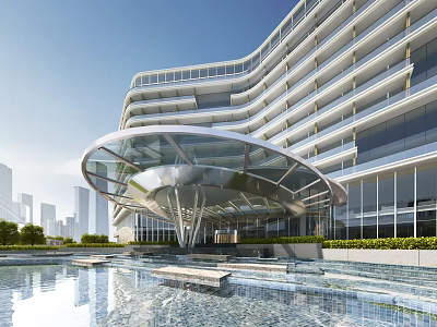 Modern Glass Canopy Structure At Building Entrance With Water Pool And Greenery 3d model