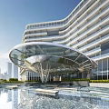 Modern Glass Canopy Structure At Building Entrance With Water Pool And Greenery