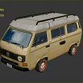 Vintage Yellow Volkswagen Van With White Roof Black Roof Rack And Red Wheels