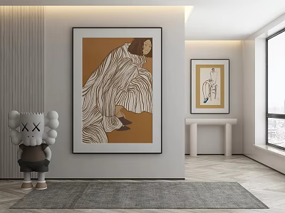 Large Abstract Painting With Striped Figure In Modern Interior With Sculpture Decorative Art And Rug 3d model