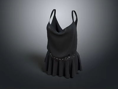 Stylish Black Sleeveless V Neck Dress With Pleated Skirt And Beaded Belt 3d model