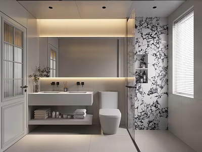 Modern Bathroom Interior With White Vanity Mirror Toilet Patterned Wall And Window Blinds 3d model