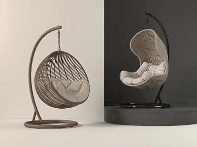 Modern Rattan Hanging Chair with Brown and Black Frame and Beige Cushion Design 3d model