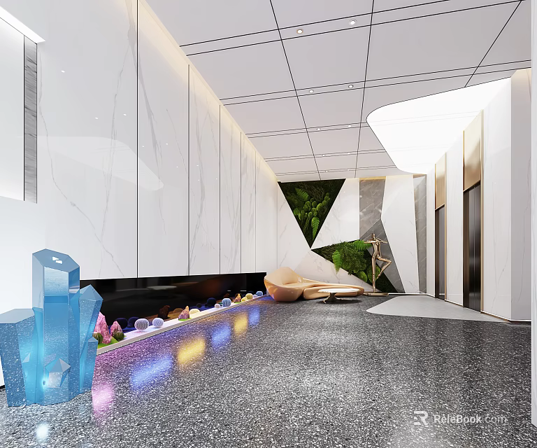 Modern Elevator Hallway With White Marble Walls Geometric Decorations Colorful Lighting Sofa And Plants 3d model 