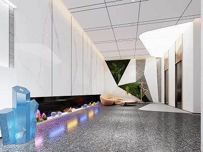 Modern Elevator Hallway With White Marble Walls Geometric Decorations Colorful Lighting Sofa And Plants 3d model