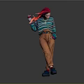 Stylish Outfit With Striped Sweater Orange Pants Red Headscarf Red Shoe On Gray Background