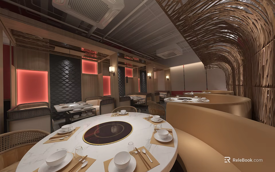 Elegant Restaurant Interior Featuring Round Dining Table Settings Curved Seating Warm Toned Decor Rattan Ceiling 3d model