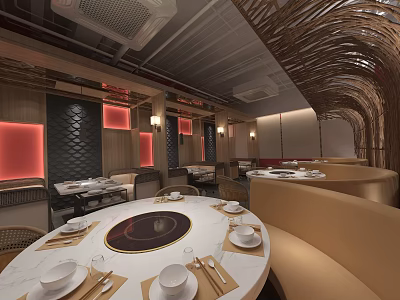 Elegant Restaurant Interior Featuring Round Dining Table Settings Curved Seating Warm Toned Decor Rattan Ceiling 3d model