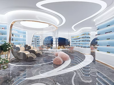 Modern Beauty Hair Salon Interior Design With Curved Ceiling Comfortable Seating And Product Shelves 3d model