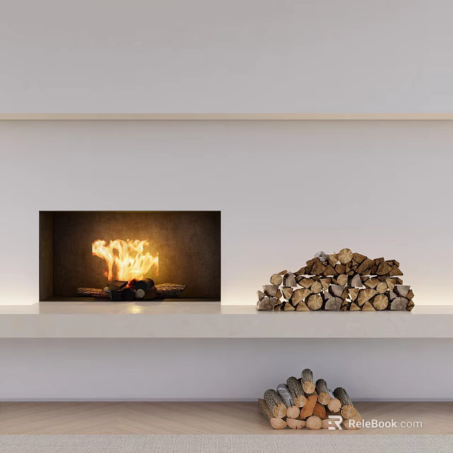 Modern Fireplace Interior With Burning Fire And Stacked Wood Logs 3d model