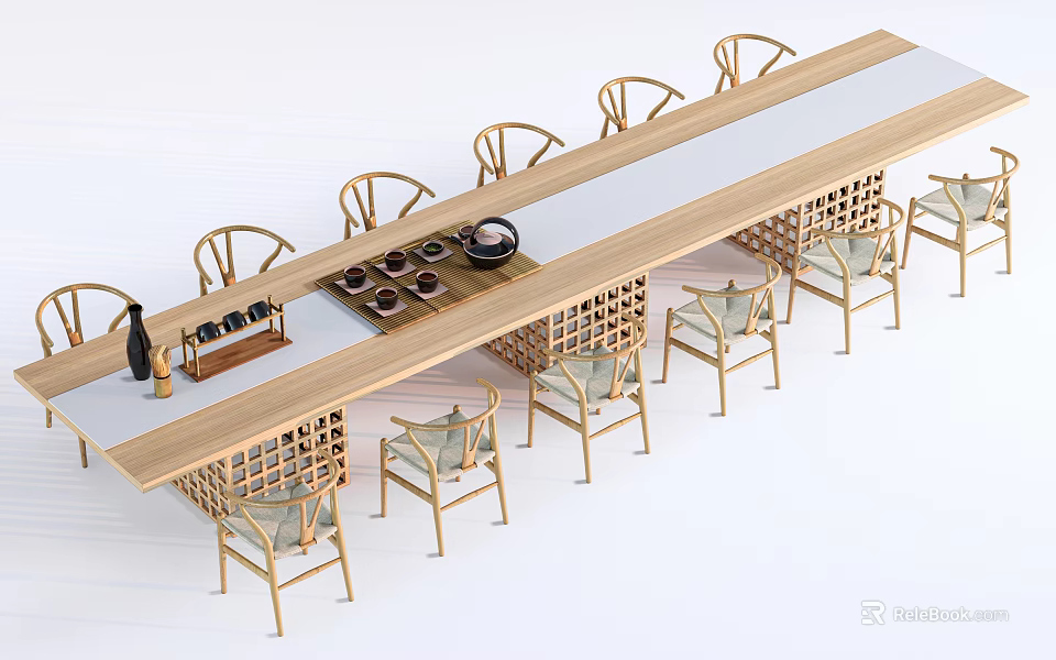 Modern Wooden Tea Table and Rattan Chairs with Tea Set and Natural Design Elements 3d model 