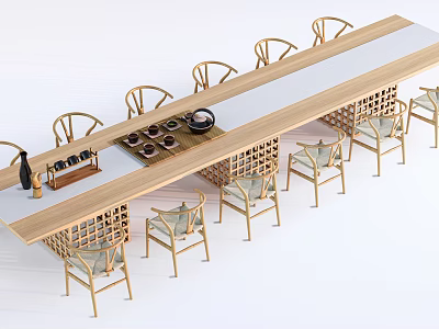 Modern Wooden Tea Table and Rattan Chairs with Tea Set and Natural Design Elements 3d model