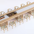 Modern Wooden Tea Table and Rattan Chairs with Tea Set and Natural Design Elements