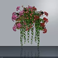 Bonsai Potted Plant with Pink Red Flowers Hanging Vines and Green Leaves