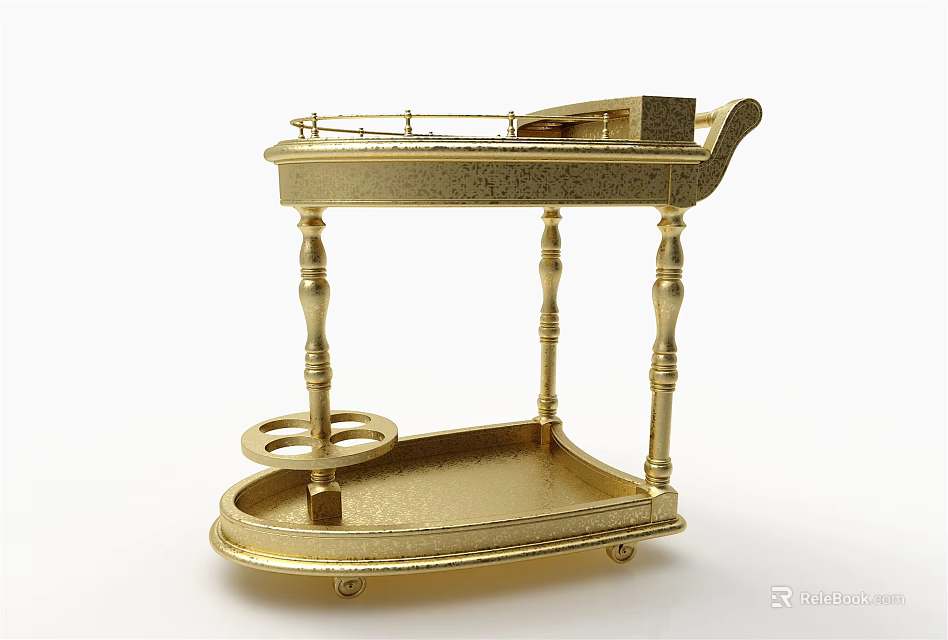 Golden Vintage Two Tier Cart With Carved Pillars And Wheels Design 3d model 