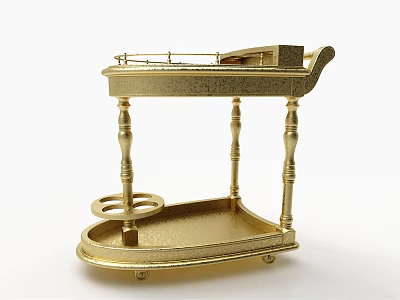 Golden Vintage Two Tier Cart With Carved Pillars And Wheels Design 3d model