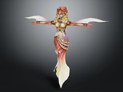 Elegant Fantasy Female Character With White Wings And Flowing Colorful Dress 3d model