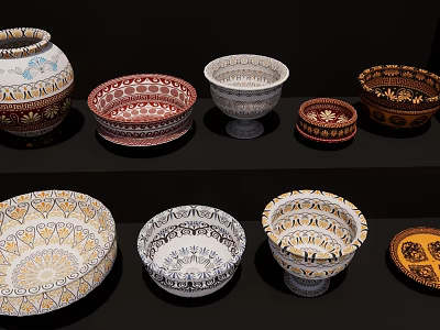 Colorful Ceramic Bowls and Vases with Intricate Decorative Patterns on Black Shelf 3d model