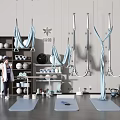 Yoga Fitness Equipment Indoor Display with Aerial Hammocks Mats Balls and Wall Hanging Devices