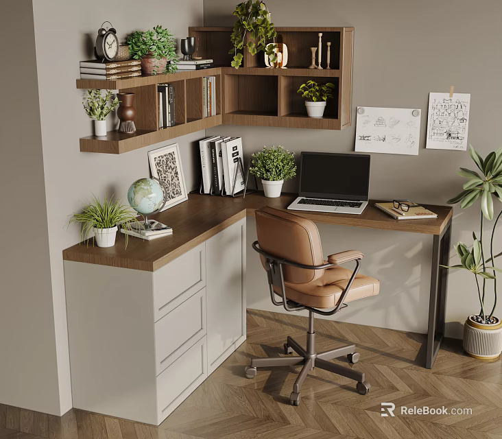 Stylish Corner Bookshelf with Desk Laptop Leather Chair Green Plants and Globe 3d model 