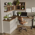 Stylish Corner Bookshelf with Desk Laptop Leather Chair Green Plants and Globe