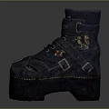 Distressed Blue Platform Boots with Patchwork Straps Embroidered Badges and Worn Details for Retro Style