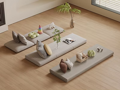 Cozy Bay Window Seats with Gray Cushions Pillows Green Plant Magazines and Fruit Basket 3d model