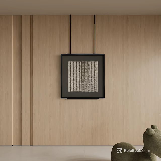 Black Framed Textured Artwork Hanging On Wooden Wall With Small Sculpture 3d model 