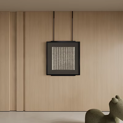 Black Framed Textured Artwork Hanging On Wooden Wall With Small Sculpture 3d model