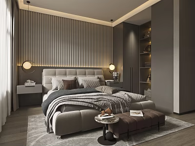 Modern Minimalist Bedroom With Striped Accent Wall Round Wall Lamps Bed Bench And Wardrobe 3d model