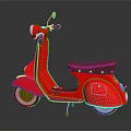 Red Vintage Scooter with Brown Leather Seat and White Wheels against Dark Background