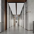 Modern Front Desk Reception Lobby With Large Glass Windows Gray Walls and White Curved Ceilings