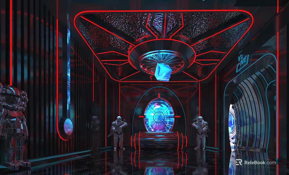 Futuristic Bar With Neon Red Lighting Round Bar Counter Hi tech Decor And Reflective Floor 3d model 