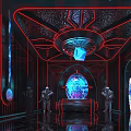 Futuristic Bar With Neon Red Lighting Round Bar Counter Hi tech Decor And Reflective Floor