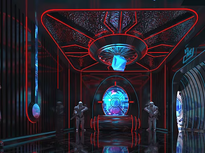 Futuristic Bar With Neon Red Lighting Round Bar Counter Hi tech Decor And Reflective Floor 3d model