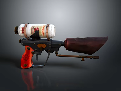 Unique Weapon With Red Grip Wooden Stock And Spray Can Attachment 3d model