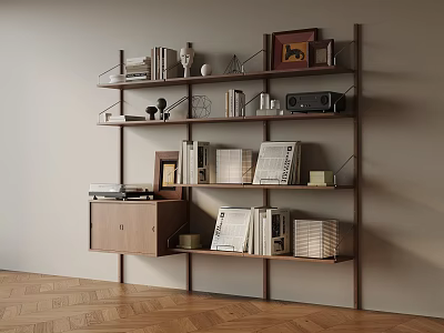 Modern Wooden Bookshelf Interior Design With Books Decorative Items Photo Frame Radio And Storage Boxes 3d model