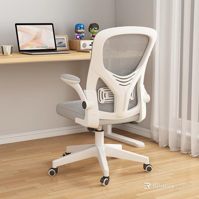 Cozy Home Office Setup With White Mesh Office Chair Wooden Desk Laptop And Curtains 3d model 
