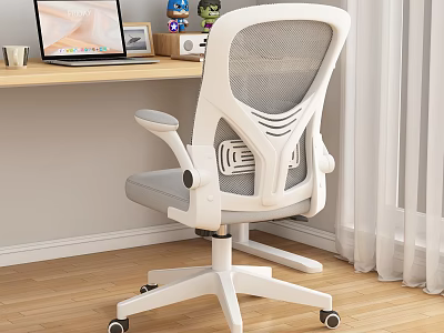 Cozy Home Office Setup With White Mesh Office Chair Wooden Desk Laptop And Curtains 3d model