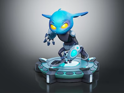 3D Blue Horned Creature Character With Yellow Eyes On Round Mechanical Platform 3d model