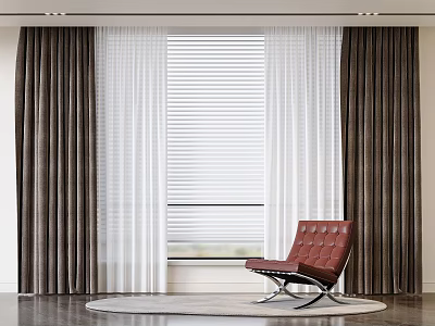 Brown Thick and White Sheer Curtains with Blinds in Modern Room with Red Leather Armchair 3d model