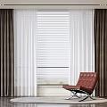 Brown Thick and White Sheer Curtains with Blinds in Modern Room with Red Leather Armchair