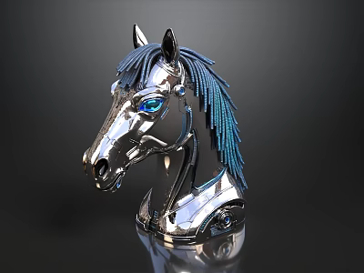 Silver Metal Horse Head Sculpture With Blue Mane And Shiny Eyes On Black Background 3d model