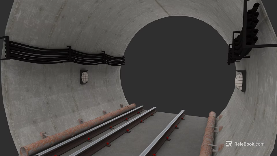 Subway Tunnel Interior With Tracks Cables Concrete Walls And Lights 3d model 