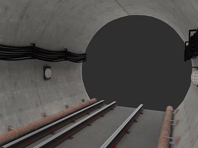 Subway Tunnel Interior With Tracks Cables Concrete Walls And Lights 3d model