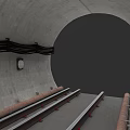 Subway Tunnel Interior With Tracks Cables Concrete Walls And Lights