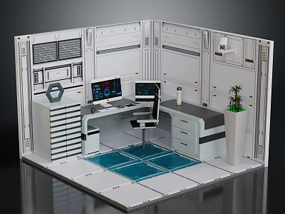 Workstation Interior With Computer Monitors Desk Chair Storage Drawers Blue Mat And Green Plant 3d model
