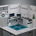 Workstation Interior With Computer Monitors Desk Chair Storage Drawers Blue Mat And Green Plant