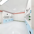 Modern Laboratory Interior With White Walls Red Trim Blue Cabinets And Fridge