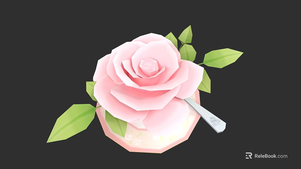 Pink Rose Shaped Ceramic Vessel With Green Leaves And Silver Spoon 3d model 